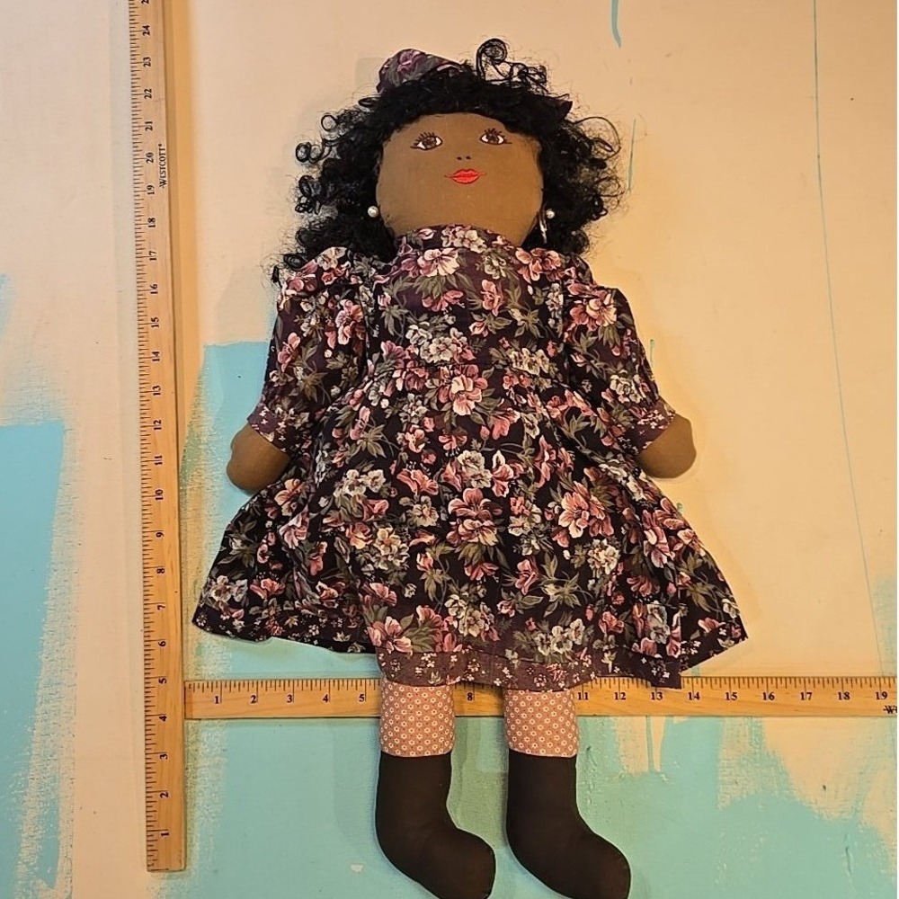 VTG Mary Grayson Black Doll Handmade Floral Victorian Cloth Pink Stockings 1990s